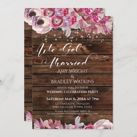 素朴な水彩花とライト - 私たちは結婚しました 招待状 (正面/裏面)