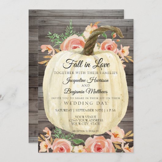 素朴な水彩花のオレンジ色のカボチャと桃色の珊瑚の木 招待状 (正面/裏面)