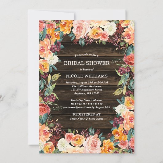 素朴な水彩花の秋のブライダルシャワー 招待状 (正面)