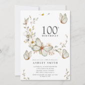 素朴な水彩蝶々 100歳の誕生日パーティー 招待状 (正面)