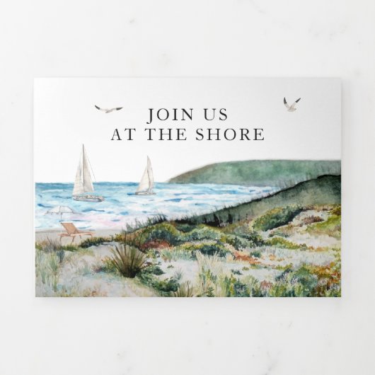 素朴な沿岸の海辺のオーシャンウェディング 三つ折り招待状 (カバー)