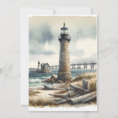 素朴な沿岸の灯台がある海岸のビーチウェディング 招待状 (裏面)