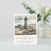 素朴な沿岸の灯台 海辺の Save the Date 案内ポストカード (スタンド正面)