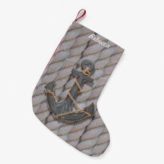 素朴な沿岸ビーチ航海のなロープの木製のいかり スモールクリスマスストッキング (正面 (吊り時))