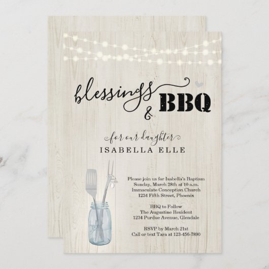 素朴な洗礼/命名式BBQパーティーの招待状 招待状 (正面/裏面)