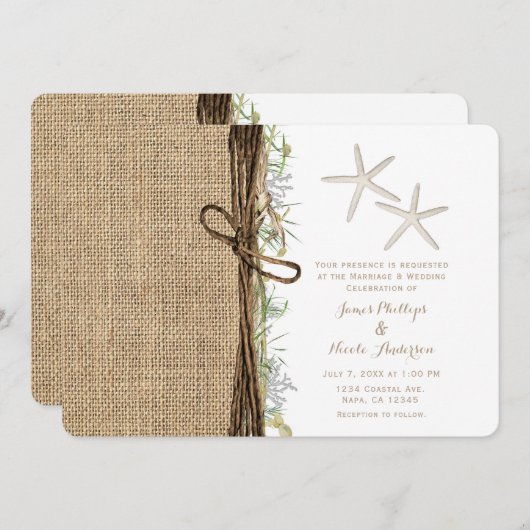 素朴な海岸のビーチスターフィッシュの麻と緑の装飾 招待状 (正面/裏面)