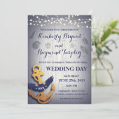 素朴な海軍金ゴールドの航海のないかりのカスタムな結婚式 招待状 (スタンド正面)