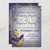 素朴な海軍金ゴールドの航海のないかりのカスタムな結婚式 招待状 (正面/裏面)