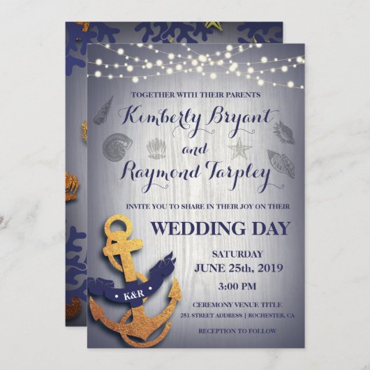素朴な海軍金ゴールドの航海のないかりのカスタムな結婚式 招待状 (正面/裏面)