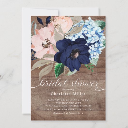 素朴な濃紺および赤面の花のブライダルシャワー 招待状 (正面)