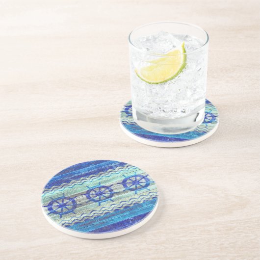 素朴な濃紺の沿岸装飾の船の車輪 コースター (側面)