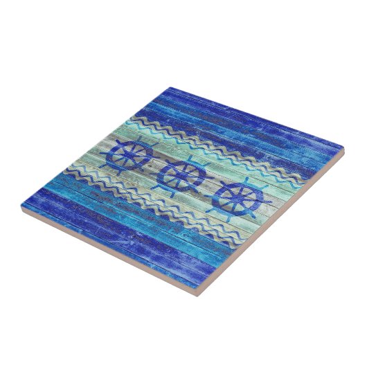 素朴な濃紺の沿岸装飾の船の車輪 タイル (側面)