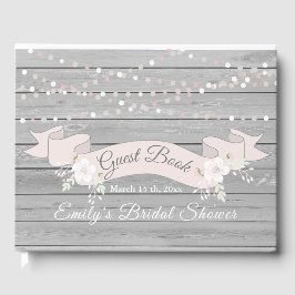 素朴な灰色の木のストリングライト ブライダルシャワー ゲストブック