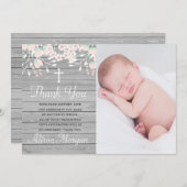 素朴な灰色の木材の花の洗礼感謝カード 招待状 (正面/裏面)