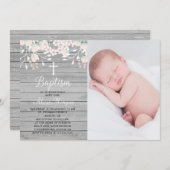 素朴な灰色の木材の花の洗礼招待状 招待状 (正面/裏面)