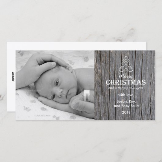 素朴な灰色の木製のクリスマスツリーの写真カード シーズンカード (正面/裏面)
