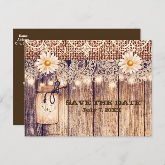 素朴な照明付きメイソンジャーとデイジー 保存日 案内ポストカード (正面/裏面)