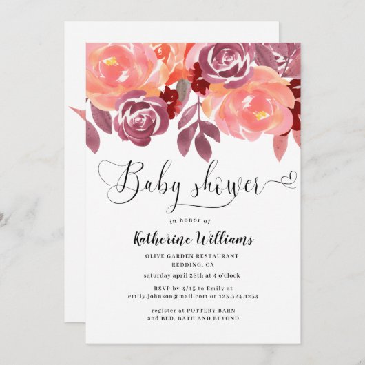 素朴な牡丹の赤ちゃんシャワーの招待 (正面/裏面)