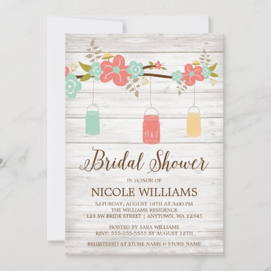 素朴な珊瑚の木製のメーソンジャーの枝ブライダルシャワー 招待状 (正面)