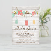 素朴な珊瑚の木製のメーソンジャーの枝ブライダルシャワー 招待状 (スタンド正面)