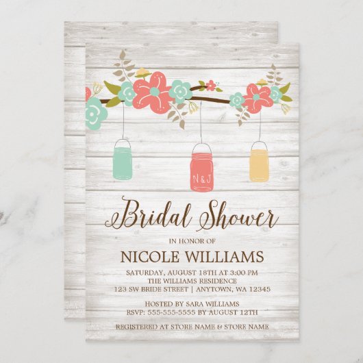 素朴な珊瑚の木製のメーソンジャーの枝ブライダルシャワー 招待状 (正面/裏面)