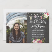 素朴な瓶の写真の誕生会のチョークの花柄 招待状 (正面)