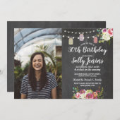 素朴な瓶の写真の誕生会のチョークの花柄 招待状 (正面/裏面)