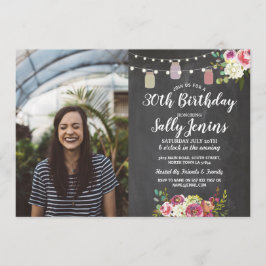 素朴な瓶の写真の誕生会のチョークの花柄 招待状