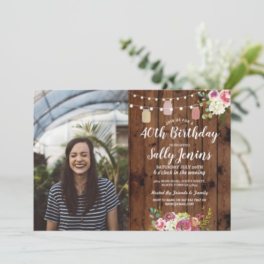 素朴な瓶の写真の誕生会木花柄 招待状 (スタンド正面)