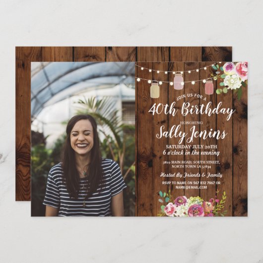 素朴な瓶の写真の誕生会木花柄 招待状 (正面/裏面)