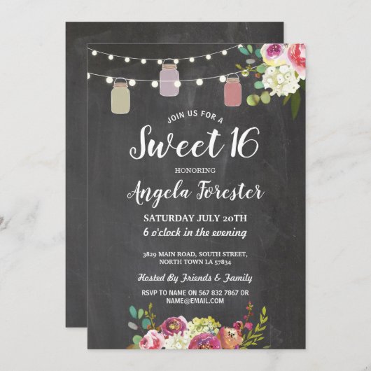 素朴な瓶の菓子16のパーティーのチョークの花柄ライト 招待状 (正面/裏面)