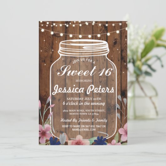 素朴な瓶の菓子16のパーティーの木製の花の招待 招待状 (スタンド正面)
