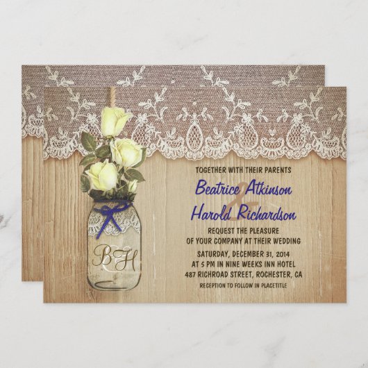 素朴な田舎のメイスンは緑色の花を結婚びっしり詰める 招待状 (正面/裏面)