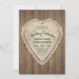 素朴な田舎の木のレースとバーラップの結婚式の招待 招待状