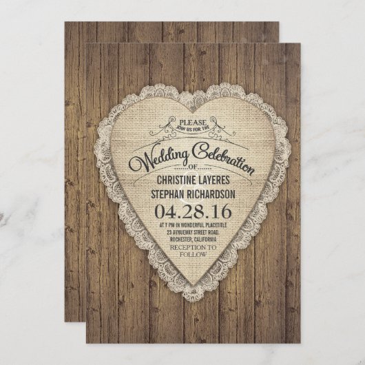 素朴な田舎の木のレースとバーラップの結婚式の招待 招待状 (正面/裏面)