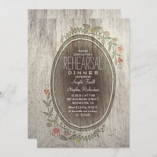 素朴な田舎の木の花のリハーサル夕食 招待状 (正面/裏面)