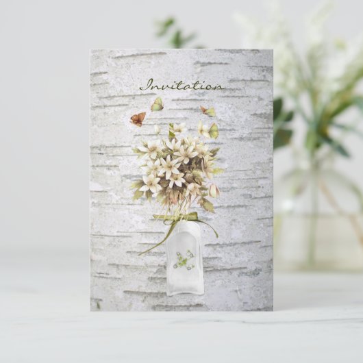 素朴な田舎の野草の白結婚樺の木 招待状 (スタンド正面)