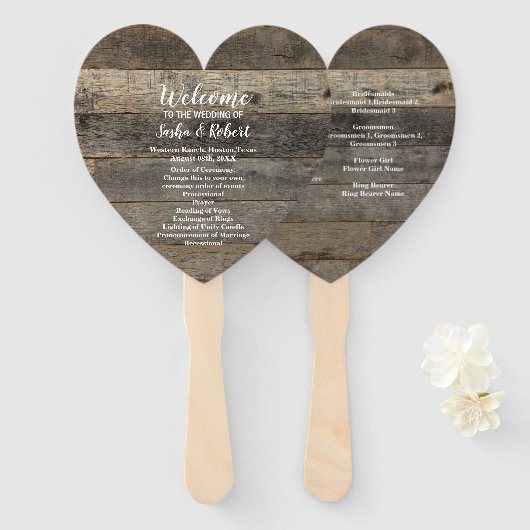 素朴な田舎木目納屋の結婚式プログラム ハンドファン (正面&裏面)