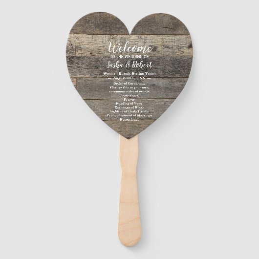 素朴な田舎木目納屋の結婚式プログラム ハンドファン (正面)