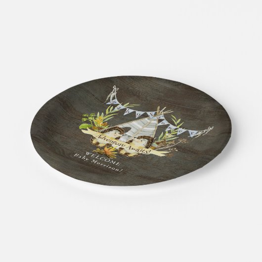 素朴な男の子のベビーシャワーのハリネズミの冒険は待ちます ペーパープレート (アングル)