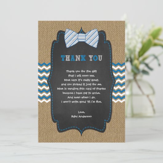 素朴な男の子のベビーシャワーの詩はノート感謝していしています サンキューカード (スタンド正面)
