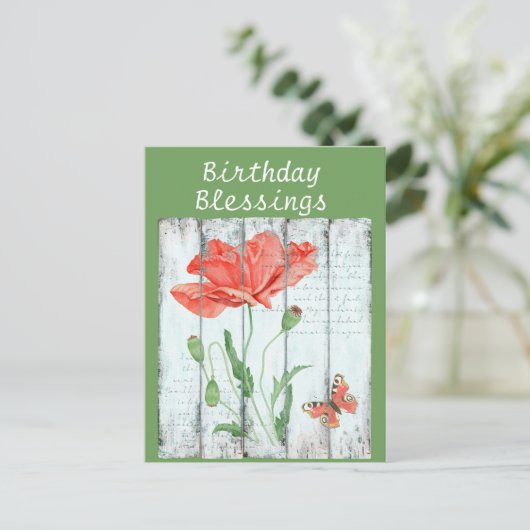 素朴な白いフェンスの花の誕生日おめでとう ポストカード (スタンド正面)