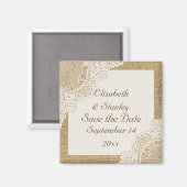 素朴な白いレースが付いた麻のウェディング Save the Date マグネット (正面/裏面)