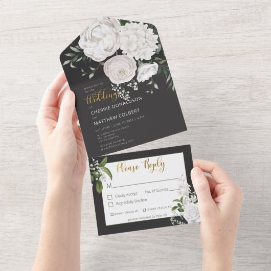 素朴な白い芍薬の花を黒の背景に飾ったディナーの招待状 オールインワン招待状 (貼ってはがせる)