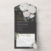 素朴な白い芍薬の花を黒の背景に飾ったディナーの招待状 オールインワン招待状 (内側)