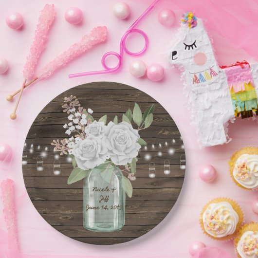 素朴な白い花の国の木製のメーソンジャーの結婚式 ペーパープレート (パーティー)