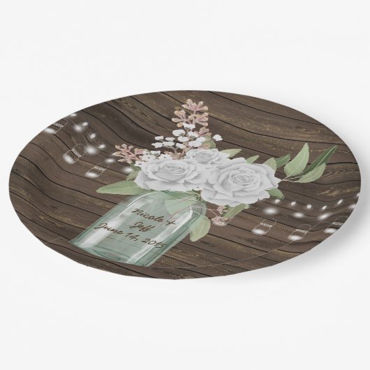 素朴な白い花の国の木製のメーソンジャーの結婚式 ペーパープレート (アングル)