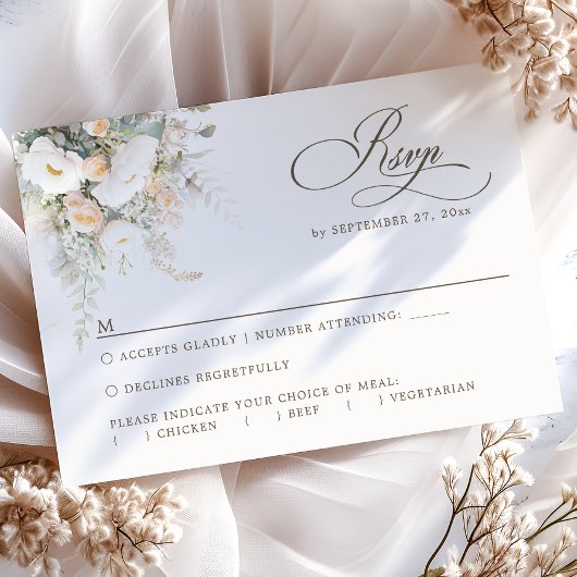 素朴な白い花の食事オプション ウェディング RSVP カード