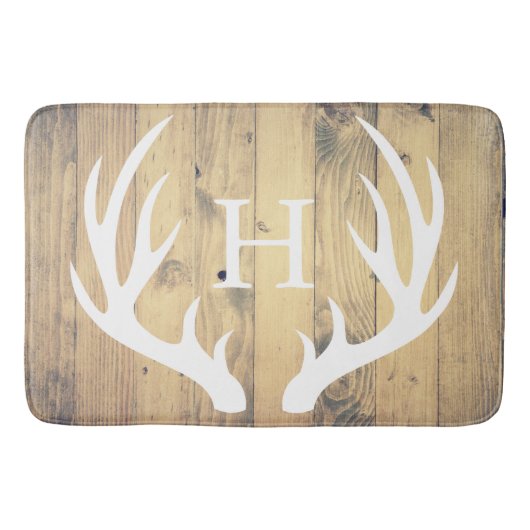 素朴な白によってシルエットを描かれるシカの(雄ジカの)枝角の納屋木 バスマット (正面)