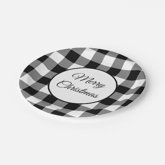 素朴な白黒の格子模様のクリスマス ペーパープレート (アングル)